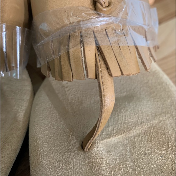 Camel Brown Wood Heel Slip On Fringe Sandals - Picture 7 of 8